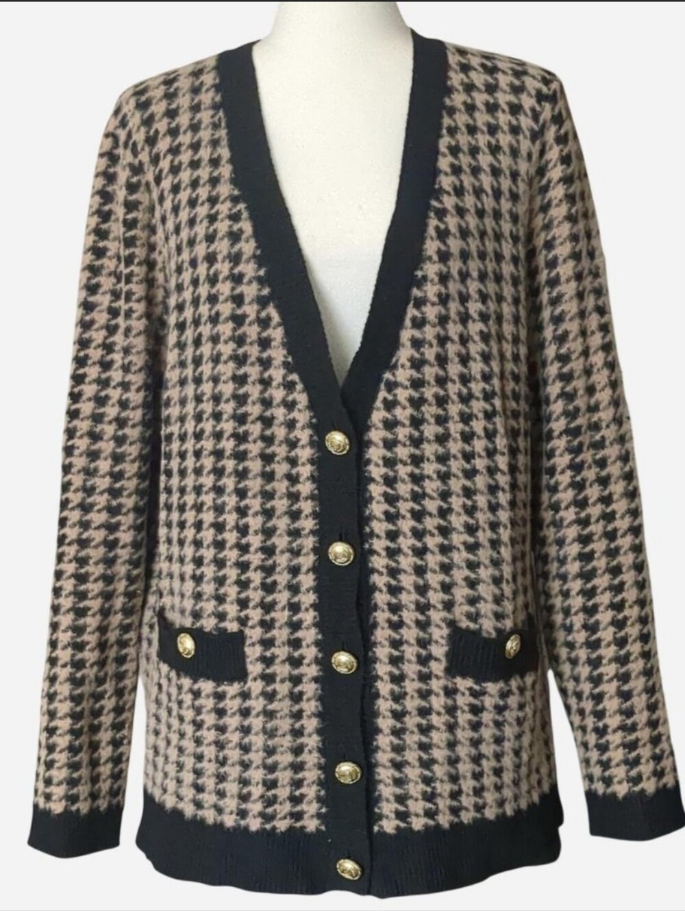 VTG Aesthetic Tahari Houndstooth Eyelash Knit Cardigan Size XL